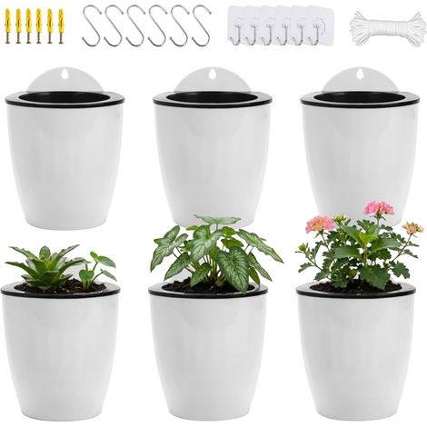 Lot de 6 pots de fleurs auto-irrigants muraux avec système d'auto-irrigation pour cuisine, pots d'herbes aromatiques murales, plantes d'intérieur avec réservoir d'eau, pots à planter pour (1/5)