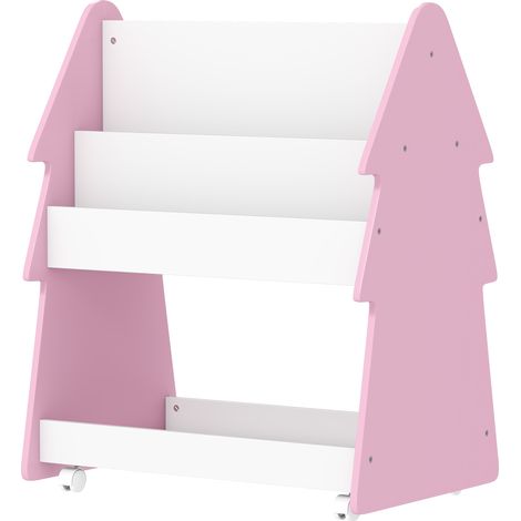 Kids Bookshelf Toy Storage, Double-Sided Bookcase Wheels, 3 Tier Kids Book Rack for Bedroom, Pink (1/5)