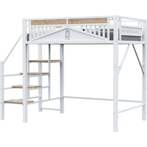 Lit mezzanine métallique 140x200 cm, design fenêtre, échelle de sécurité, grand rangement sous le lit, lit ado adulte, blanc, sans matelas (1/5)