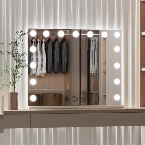 Specchio da trucco a LED – 60 x 80 cm – 3 colori di luce regolabili – 18 lampadine – Touchscreen – Ingrandimento 10x – Antiappannamento – Porta USB – Specchio da trucco in stile hollywoodiano (1/5)