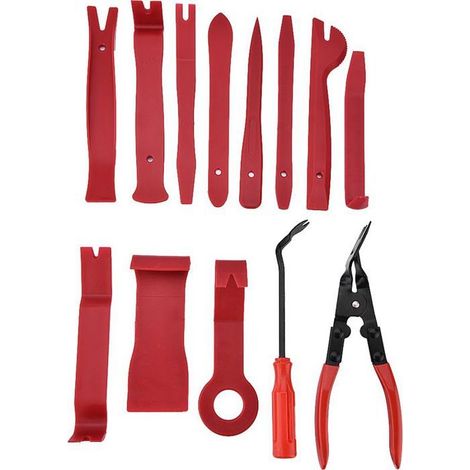 BelleRise - outils démontage auto – Kit 13 pièces PP/acier avec extracteur – pour tableau de bord, audio – Rouge+Noir (1/5)