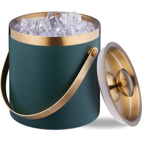 Contenitore per il ghiaccio, in acciaio inox, a doppia parete, con coperchio e maniglia, grande, 2 litri, contenitore per il ghiaccio in metallo, verde/oro (1/5)