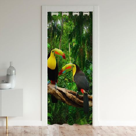 Rideau de Porte 3D Toucan,Rideau D'Occultation Imprimé D'Animaux Sauvages,Rideau de Porte D'Oiseau de Jungle Tropicale,Rideau de Séparation de Pièce Frais Naturel Debout Sur Tronc D'Arbre,106x203 Vert (1/5)