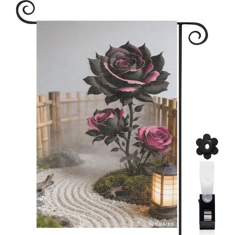 Drapeau de jardin sentier de gravier et roses noires 30 x 45 cm décoration terrasse et extérieur (1/5)