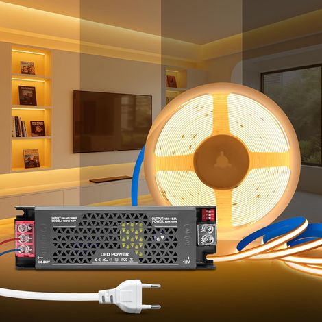 COB LED Strip 5M, DC 12V Warm White 3000K LED Strip with Transformer 220V 12V 100W Adjustable Power Supply, Adhesive Strip Light COB Dimmable for Bedroom, Home Decoration (1/5)