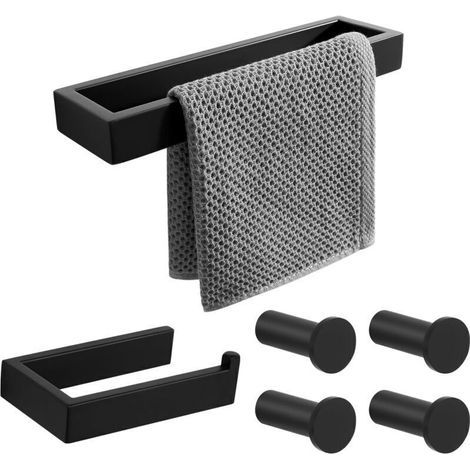 6-Piece Bathroom Accessory Set: 26cm Towel Rail, 15cm Toilet Paper Holder, and 4 Wall Hooks, Matte Black, SUS304 Stainless Steel, EGKN2210-260-SET-6-B (1/4)