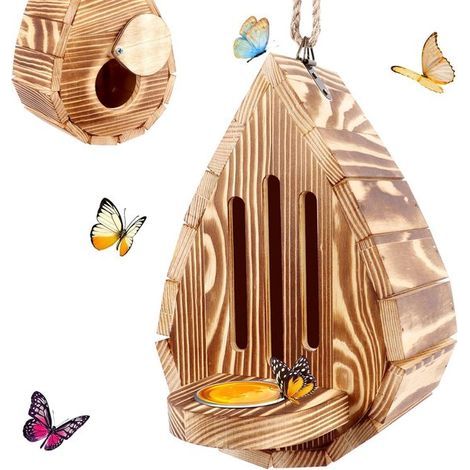 Schmetterlingshaus aus Holz – 20 x 9 x 13 cm – Hängendes Schutzhaus für den Garten – Mit Futterspender (1/5)