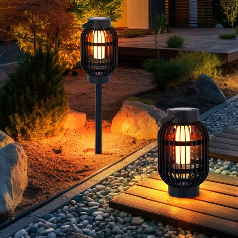 LED Solarleuchte Tischleuchte Flammeneffekt 2in1 Steckleuchte Außenlampe Gartenleuchte Erspieß, Kunststoff schwarz, mit Tragehenkel Akku, H 72,5 cm, 2er Set
