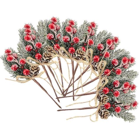 10 pics décoratifs artificiels de Noël, branches décoratives, pour guirlandes et emballages cadeaux, feuillage d'hiver-Red (1/5)