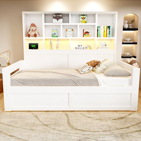 Cama individual con almacenamiento hidráulico (205x114x150 cm), con LED y enchufes, MDF blanco (1/5)