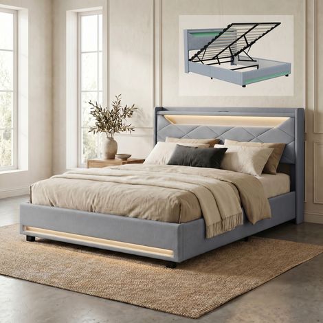Letto contenitore 160x200 cm, letto matrimoniale con LED RGB e porte USB, con rete a doghe, in tessuto lino, design moderno, Grigio