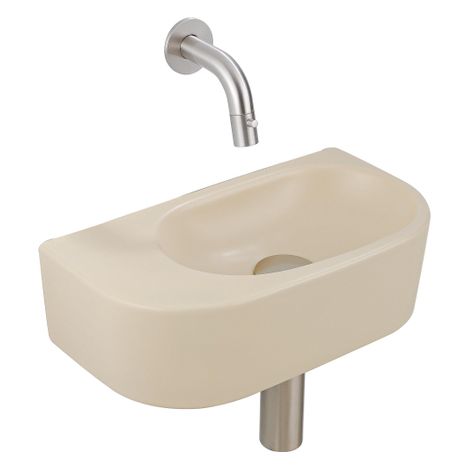 QeramiQ Fuente Ensemble de Lavabo - 40x21.5x12cm - lisse - demi-rond - sans trou pour robinet - céramique - ensemble de robinet en acier inoxydable