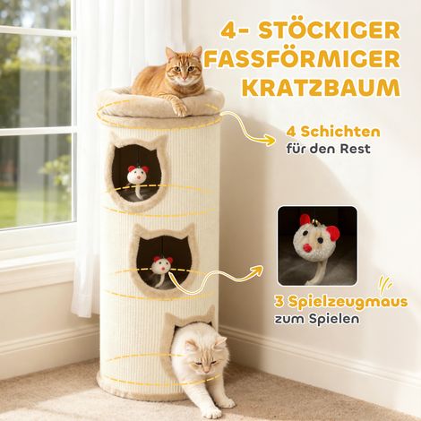 Griffoir tonneau 96 cm, arbre à chat 4 étages avec coussin lavable, 3 cachettes, jouets suspendus, pour chats multiples, gris (1/4)