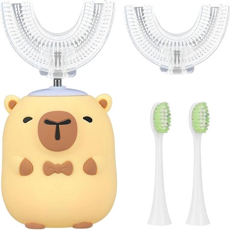 Brosse à Dents Électrique en Forme de U pour Enfants, Brosse à Dents à Ultrasons à 360º avec 2 Têtes U en Silicone et 2 Têtes Souples, Étanchéité IPX7, Design Capybara, 2-12 Ans (1/5)