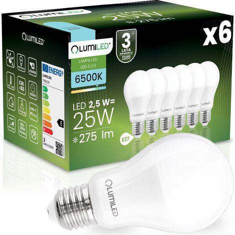 6x LED-Lampe E27 A60 2,5W = 25W 275lm 6500K Kaltweiß 260° LUMILED