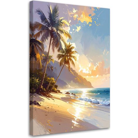 Toile Imprimée, Paysage de plage tropicale pastel palmiers style bohème,80x120 (1/4)