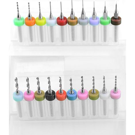 Set di punte per trapano in acciaio al carburo di tungsteno per circuiti stampati. Micro punte con gambo da 0,10 mm a 1,0 mm e da 1,1 mm a 2,0 mm (1 per ciascuna).