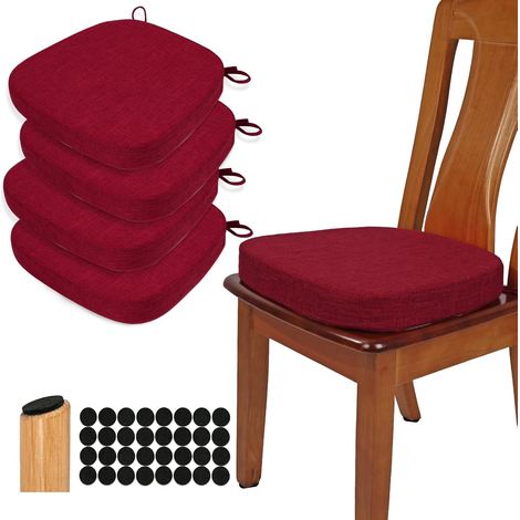 Lot de 4 coussins de chaise de salle à manger épais de 6,3 cm en forme de U en mousse haute densité confortables pour cuisine, antidérapants (rouge)