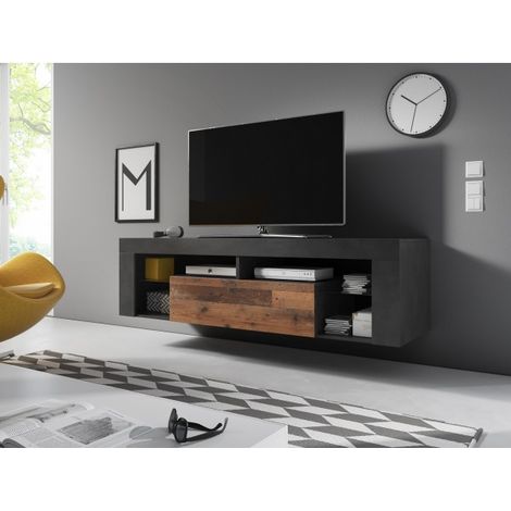 Meuble TV EVEREST coloris gris et chêne 140x35x50 cm-Multicouleur-Multicouleur-140 -- (1/3)