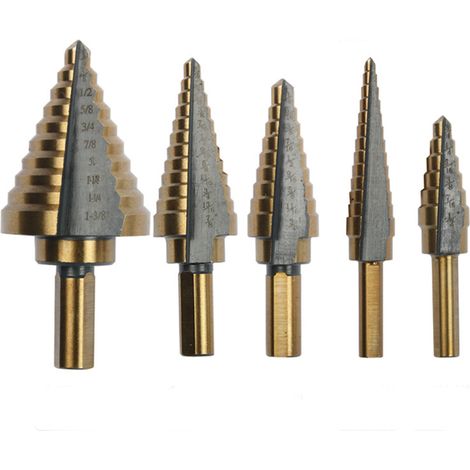 5-teiliges Stufenbohrer-Set mit 50 verschiedenen Stufenbohrern aus HSS-Stahl, inklusive Aluminiumkoffer. (1/5)
