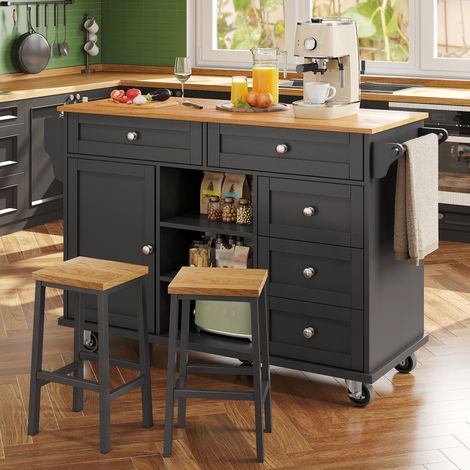 Chariot de service noir moderne (134 x 46 x 92 cm), design polyvalent fixe et mobile, combiné tiroirs et rangement, idéal pour cuisine domestique. (1/5)