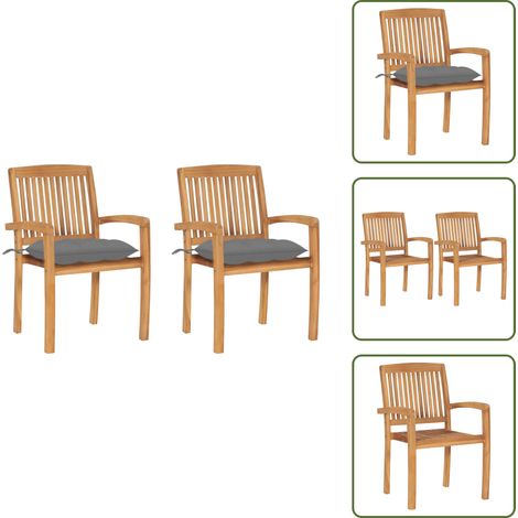 The Living Store Chaises de jardin lot de 2 et coussins gris Bois de teck massif - Chaise de jardin teck (1/5)