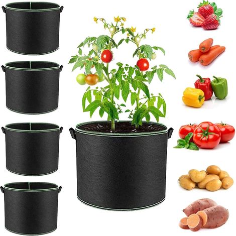 Lot de 5 sacs de plantation pour pommes de terre avec poignées, en feutre non tissé, d'une capacité de plusieurs gallons, pour fleurs et tomates. (1/5)
