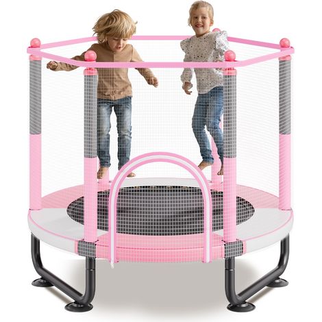 Mini trampoline pour enfant, 1545 mm, fitness rebounder récréatif pour tout-petits avec filet de sécurité et panier de basket, cadeaux d'anniversaire, jouets de Noël pour enfants de 3+ ans, rose (1/5)