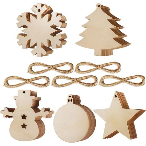 50 décorations de Noël, disques en bois, formes variées, surface lisse, pour sapin et maison (1/5)