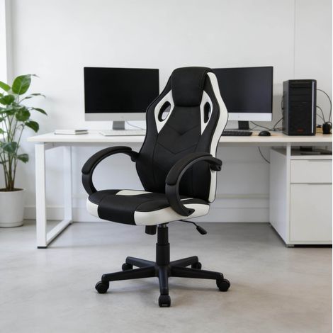 MEUBLIV Chaise de bureau gaming noire et blanche – dossier haut ergonomique (1/5)