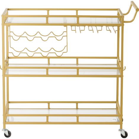 Mophorn Desserte Bar à 3 Niveaux, Chariot de Service pour Rangement de Vins et Ustensiles, Bar Roulant avec Plateau en Verre Trempé, Porte-bouteilles et Porte-verres, Chariot à Boissons Doré (1/5)