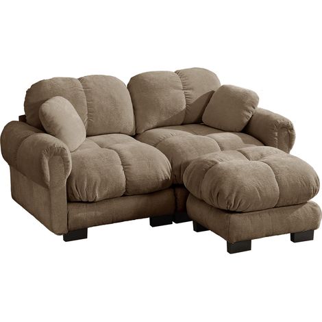 Divano angolare modulare a L 2 posti in ciniglia marrone con pouf mobile (1/5)