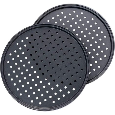 (32 1CM) Ensemble de 2 plateaux à pizza noirs, moules à pâtisserie perforés, en acier au carbone antiadhésif de haute qualité avec trous ronds antirouille, adaptés à la plupart des fours de cuisine (1/4)
