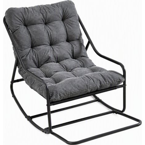 Fauteuil à bascule d'extérieur, structure noire, coussin gris épais, confortable, pour salon, chambre ou salle de lecture (1/5)