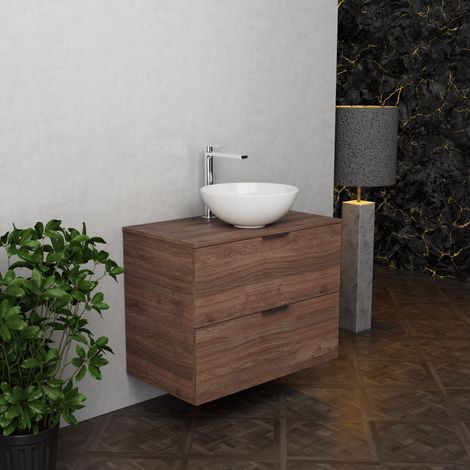 Inda - Badezimmerschrank B.80 mit Aufsatzwaschbecken / Braune Eiche 2 Schubladen - Topazio (1/5)