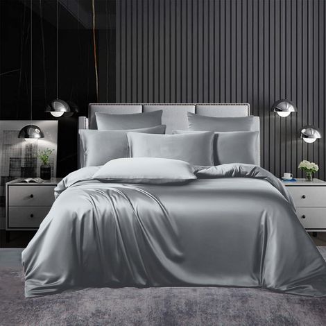 Bettwäsche Set Satin 135x200cm 2-teilig Hellgrau Glänzend mit Reißverschluss