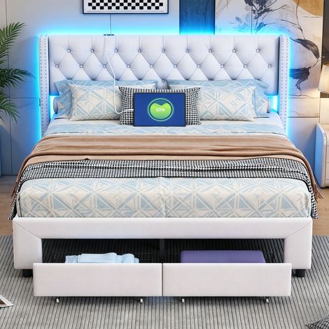 JOOKGBD-Letto contenitore 140x190 cm,Letto matrimoniale imbottito con 2 cassetti,illuminazione LED e porte USB,rete a doghe inclusa,per adulti e adolescenti,Velluto,Beige
