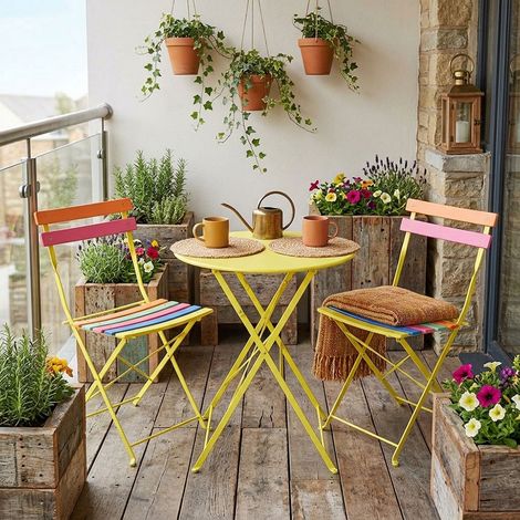 Lot de 3 chaises pliantes, table de jardin, jardin, pliable, fer forgé, ronde, multicolore (1/5)