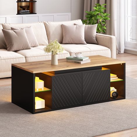 Mesa de centro 100x50x41 cm con iluminación led control por app y 2 puertas para salón de tablero de partículas estilo moderno negro y madera (1/5)