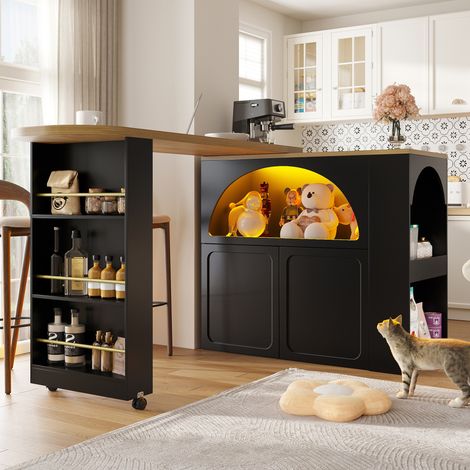 Bar mobile 135-205x39x100 cm, con ruote, LED controllata da app, vano portaoggetti, MDF nero (1/5)