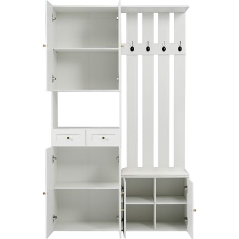 Ensemble d'entrée blanc avec banc, meuble à chaussures et porte-manteau 110 x 37 x 180 cm (1/5)
