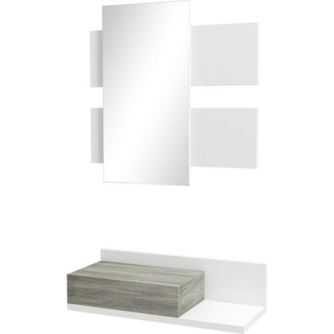Meuble d'entrée 2 en 1 avec miroir 75x75 cm, tiroir 75x30,5x20 cm, gris et blanc