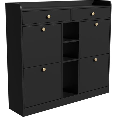 Zapatero negro con 4 puertas abatibles, 2 cajones y 3 huecos abiertos 110x26x100 cm (1/5)
