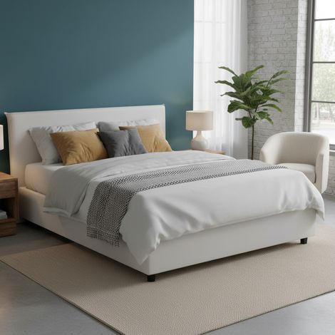 Talamo Italia Cama matrimonial Belinda, Cama contenedor con tapizado en ecopiel, 100% Made in Italy, Apertura frontal, adecuado para colchón Cm 140x200, Blanco, con embalaje reforzado (1/4)