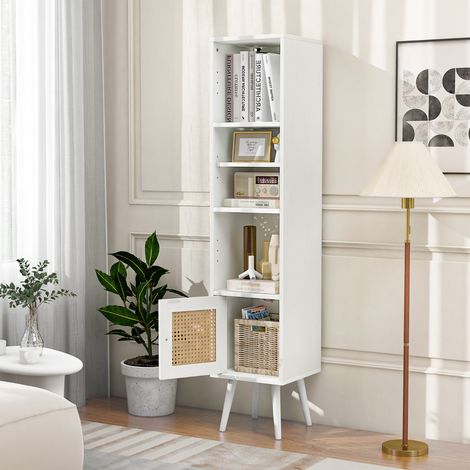 Meuble Colonne de Rangement avec Porte Rotin et Pieds en Bois Massif Meuble de Salle de Bain Étagère Réglable 29,5x29,5x137cm Blanc (1/2)