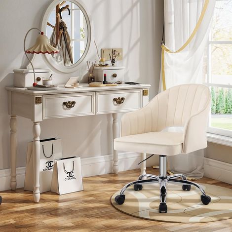 FIXIMASTER Chaise de Bureau et Coiffeuse en Velours, Pivotante à Roulettes, Hauteur Réglable, Ergonomique - Blanc Crème