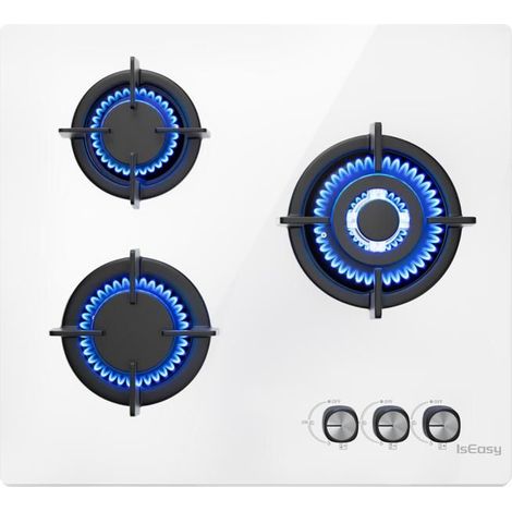 Plaque de cuisson gaz 3 foyers - Blanc - Verre trempé noir, grilles fonte - 60 x 51 cm