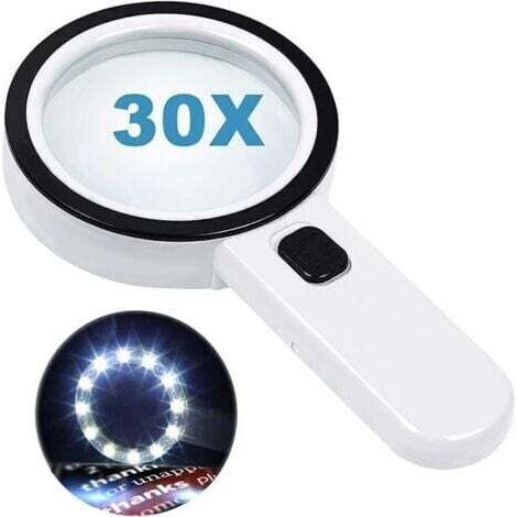 Leselupe mit 12 LEDs, Doppelglaslinse und 30-facher Vergrößerung. Zum einfachen Lesen von Münzen, Briefmarken und Landkarten.