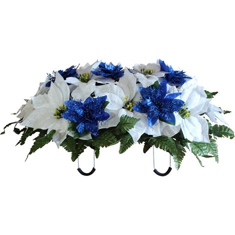 Support Fleurs Tombale - Selle Réglable avec Fleurs en Tissu Artificiel Bleues - Pour Pierre Tombale - 1 Pièce (1/3)