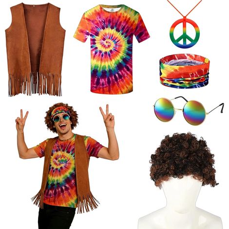 Costume Hippie pour Homme et Femme,Deguisement Annees 60 70 80s Deguisement Hippie,Costume Hippie T Shirt Multicolore-Perruque-Lunettes-Collier-Bandeau-Carnaval-Cosplay (1/5)